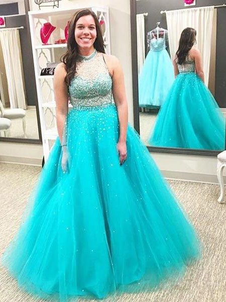 Ball Gown Beading Sleeveless Long Tulle Plus Size Prom Dress