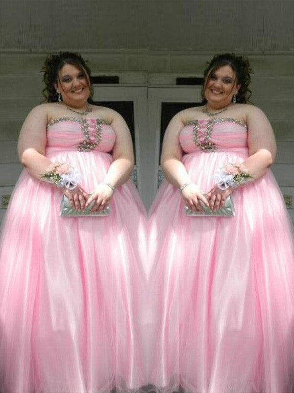 Gorgeous Strapless Beading Sleeveless Long Satin Plus Size Prom Dress