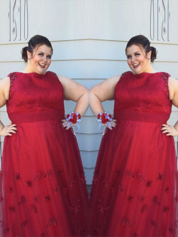 Sleeveless Amazing Scoop With Appliques Long Tulle Plus Size Prom Dress