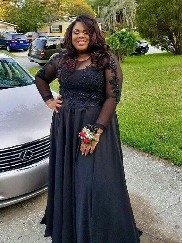 Gorgeous Sheer Neck Long Sleeves With Appliques Long Chiffon Plus Size Prom Dress