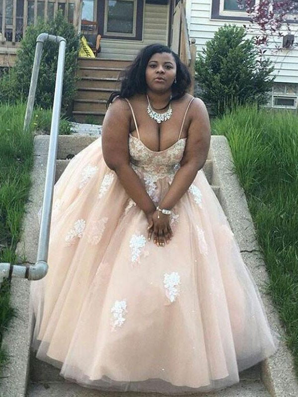 Ball Gown Spaghetti-Straps Sleeveless With Appliques Long Tulle Plus Size Prom Dress