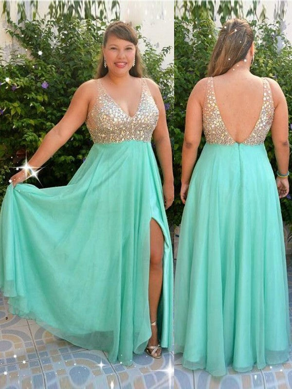 Gorgeous V-neck Beading Sleeveless Long Chiffon Plus Size Prom Dress