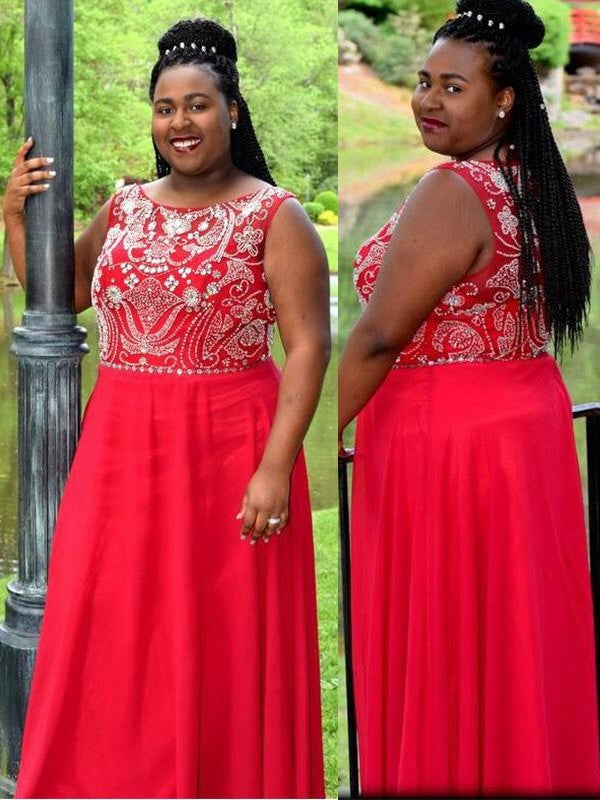 Gorgeous Scoop Beading Sleeveless Long Chiffon Plus Size Prom Dress