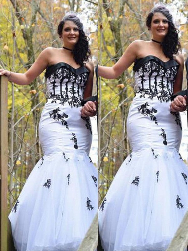 Chic Mermaid Sweetheart Sleeveless With Appliques Long Tulle Plus Size Prom Dress