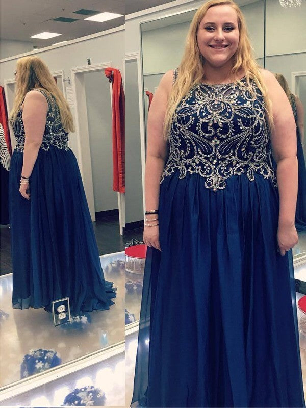 Gorgeous Scoop Beading Sleeveless  Chiffon Plus Size Prom Dress