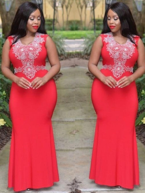 Elegant Scoop Beading Sleeveless Long Satin Plus Size Prom Dress