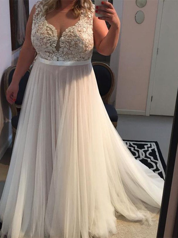 Gorgeous Straps Sleeveless With Appliques  Tulle Plus Size Prom Dress