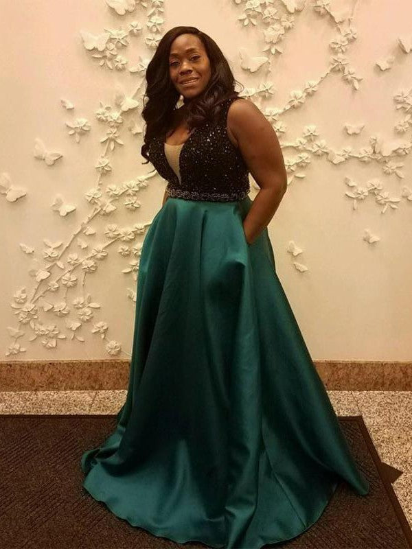 Gorgeous Straps Beading Sleeveless  Satin Plus Size Prom Dress