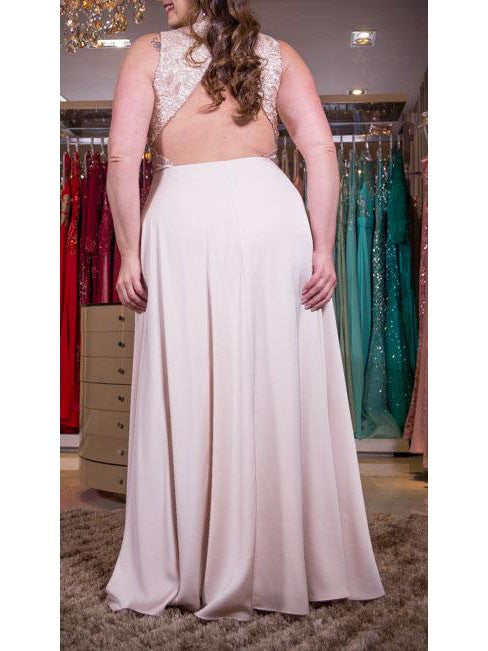 Gorgeous V-neck Sleeveless With Appliques Long Elastic Woven Satin Plus Size Prom Dress
