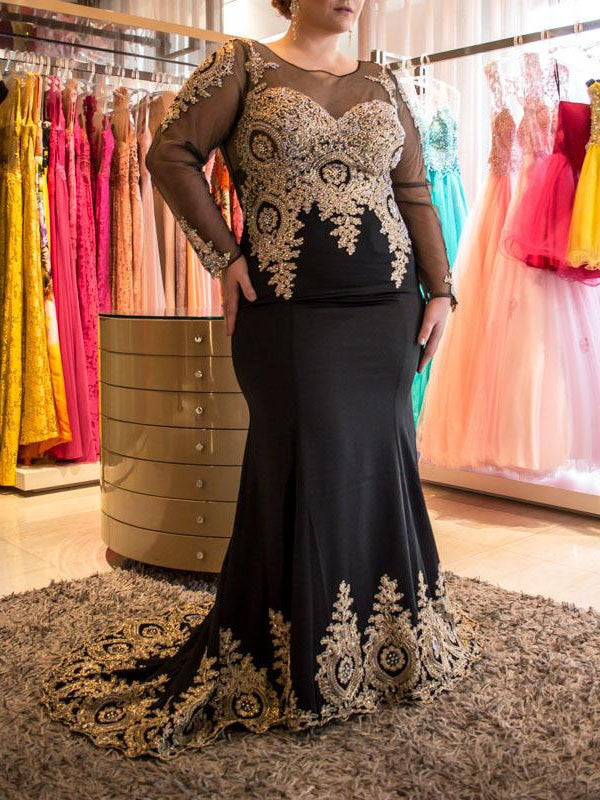 Chic Mermaid Sheer Neck Long Sleeves With Appliques  Chiffon Plus Size Prom Dress