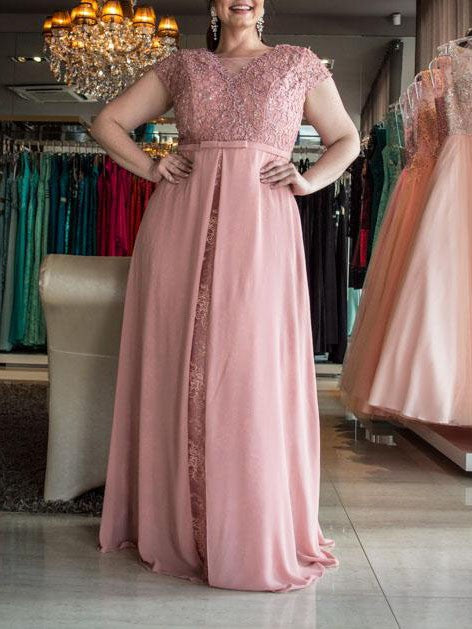 Gorgeous Scoop Short Sleeves Lace Long Chiffon Plus Size Prom Dress