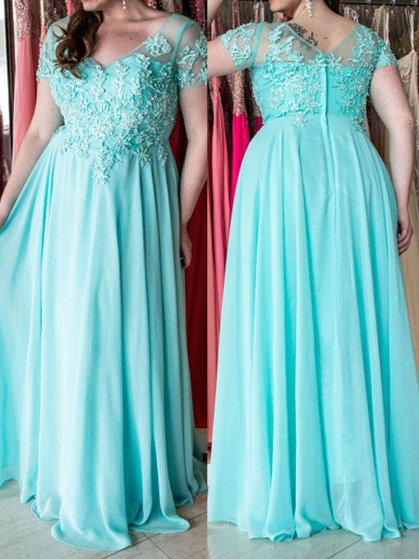 Gorgeous Sweetheart Short Sleeves With Appliques Long Chiffon Plus Size Prom Dress