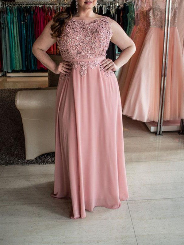 Gorgeous Bateau Beading Sleeveless Long Chiffon Plus Size Prom Dress