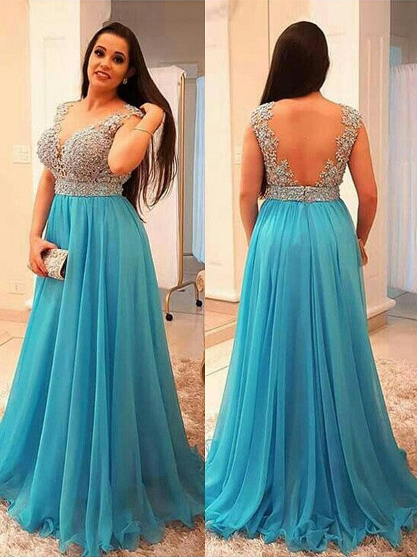 Gorgeous V-neck Beading Sleeveless Long Chiffon Plus Size Prom Dress