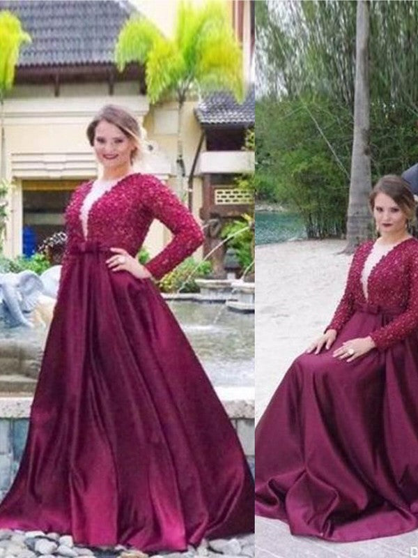 Gorgeous V-neck Long Sleeves Beading  Satin Plus Size Prom Dress