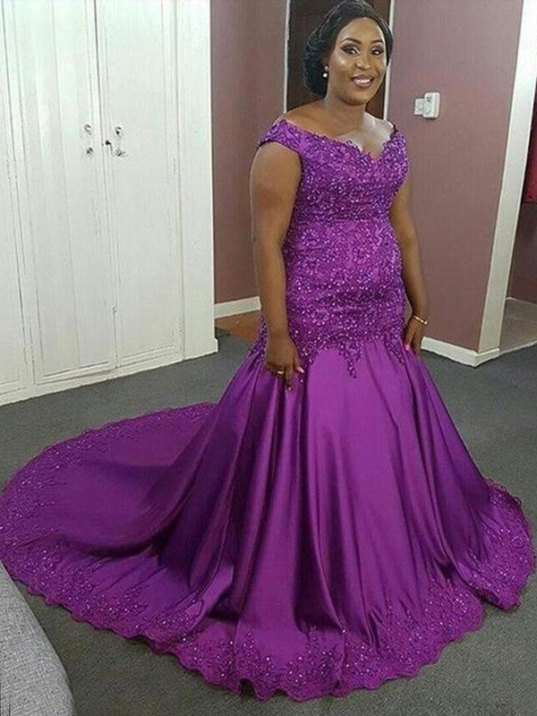Chic Mermaid V-neck Beading Sleeveless Court Train Elastic Woven Satin Plus Size Prom Dress
