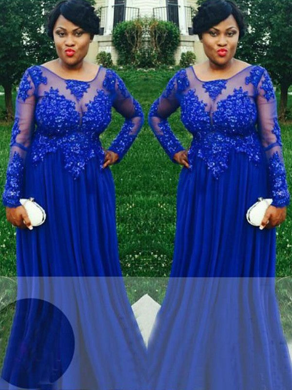 Gorgeous Sheer Neck Long Sleeves With Appliques Long Chiffon Plus Size Prom Dress