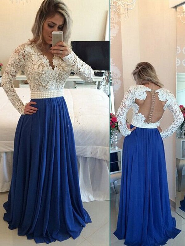 Gorgeous V-neck Long Sleeves Chiffon Long Pearl Prom Dress