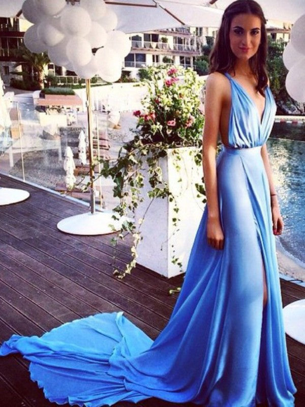 Sleeveless Amazing Spaghetti-Straps Chiffon Pleats Court Train Prom Dress