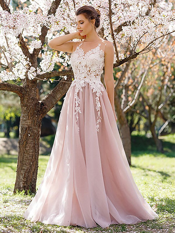 Gorgeous Jewel Sleeveless Long With Appliques Tulle Prom Dress