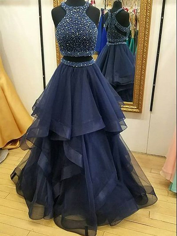 Sleeveless Amazing Halter Tulle Beading Long Two Piece Prom Dress