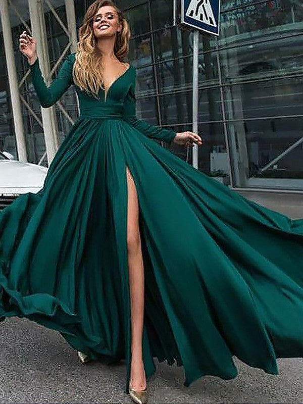 Gorgeous V-Neck Long Sleeves Long Ruffles Satin Evening Dress Chiffon