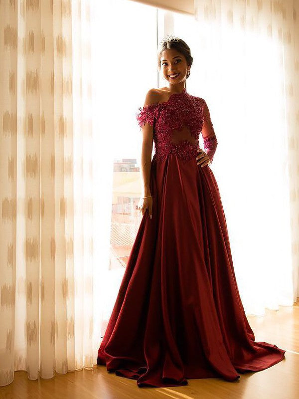 Sleeveless Amazing Off-the-Shoulder Satin With Appliques Long Prom Dress