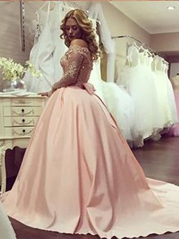 Ball Gown Long Sleeves Off-the-Shoulder Beading Satin Court Train Prom Dress