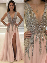 Gorgeous V-Neck Sleeveless  Beading Tulle Prom Dress