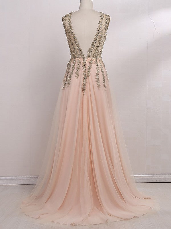 Gorgeous V-Neck Sleeveless  Beading Tulle Prom Dress