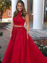 Sleeveless Amazing Halter Beading Tulle Long Two Piece Prom Dress