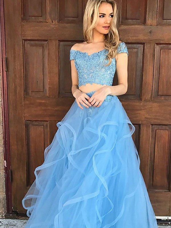 Sleeveless Amazing Off-the-Shoulder Tulle With Appliques Long Two Piece Prom Dress