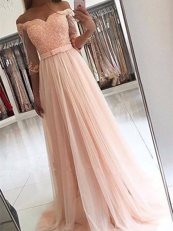 Gorgeous 3/4 Sleeves Off-the-Shoulder Tulle  Prom Dress