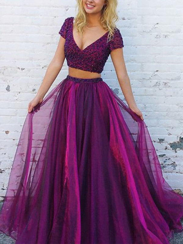 Gorgeous V-Neck Short Sleeves Long Beading Tulle Two Piece Prom Dress