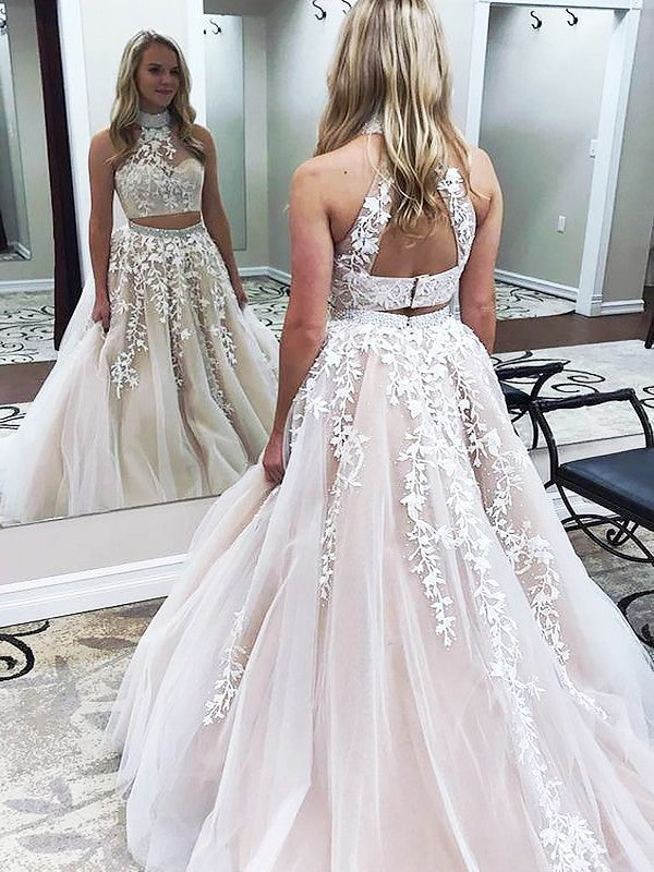 Sleeveless Amazing  With Appliques Tulle Two Piece Prom Dress