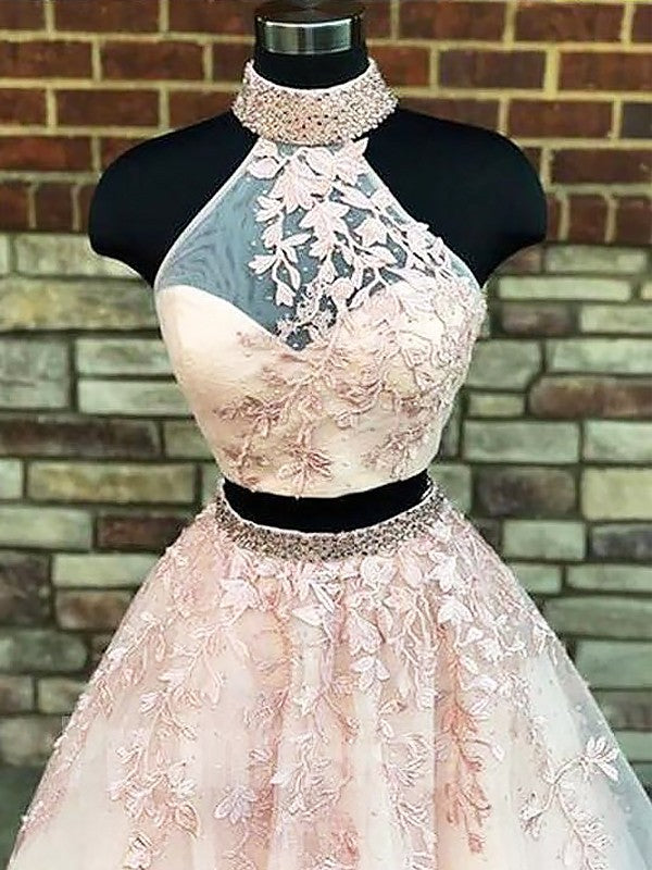 Sleeveless Amazing  With Appliques Tulle Two Piece Prom Dress