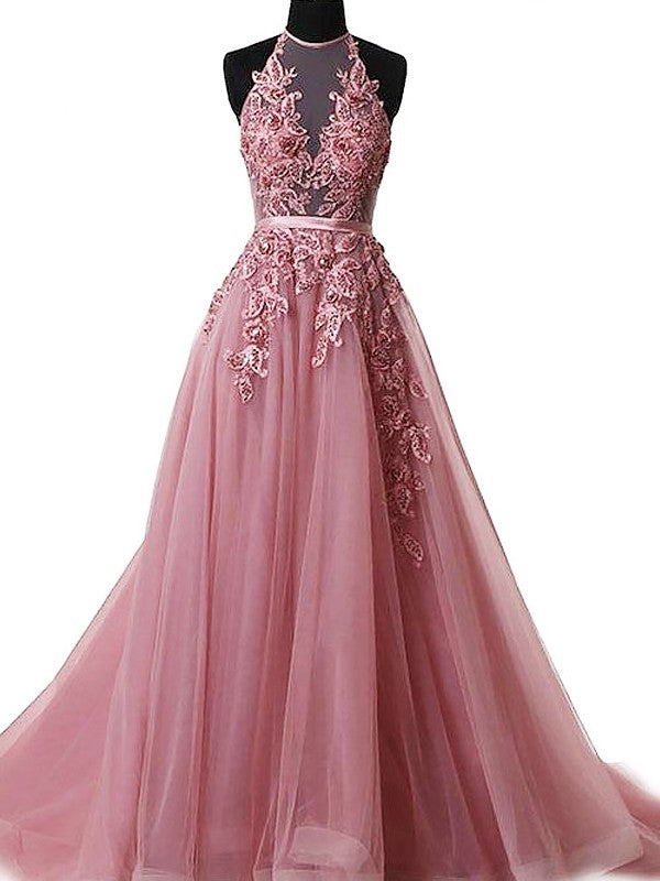 Gorgeous Halter Sleeveless  With Appliques Tulle Prom Dress