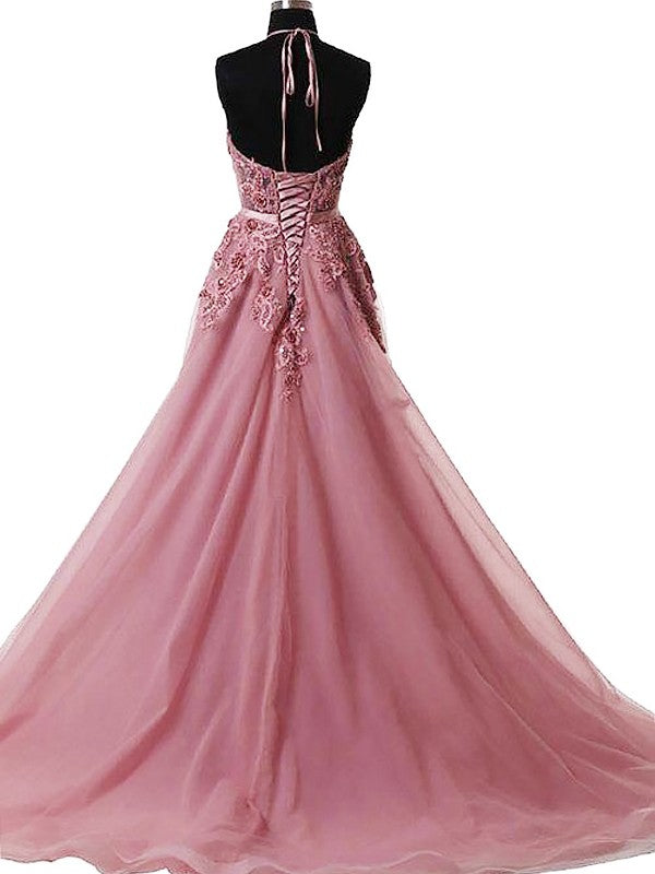 Gorgeous Halter Sleeveless  With Appliques Tulle Prom Dress