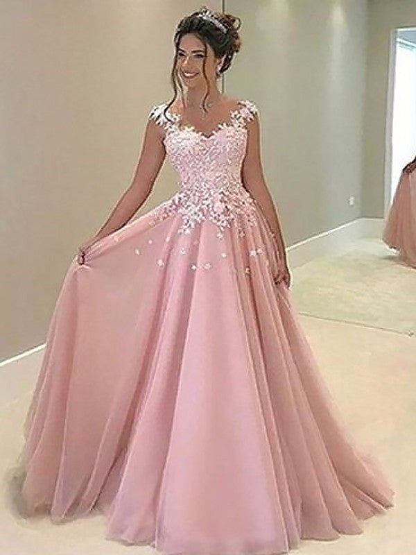 Gorgeous Sweetheart Sleeveless Long With Appliques Tulle Prom Dress