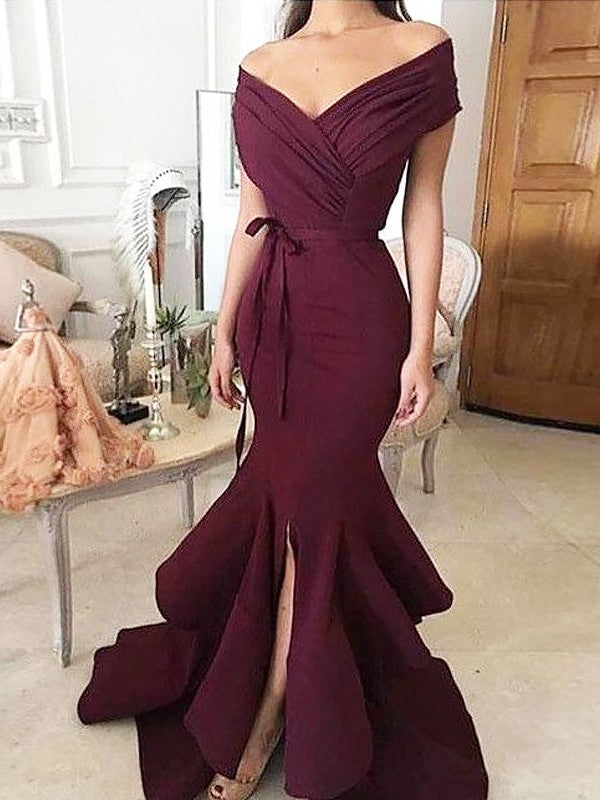 Chic Mermaid Off-the-Shoulder Sleeveless Long Ruched Stretch Crepe Prom Dress