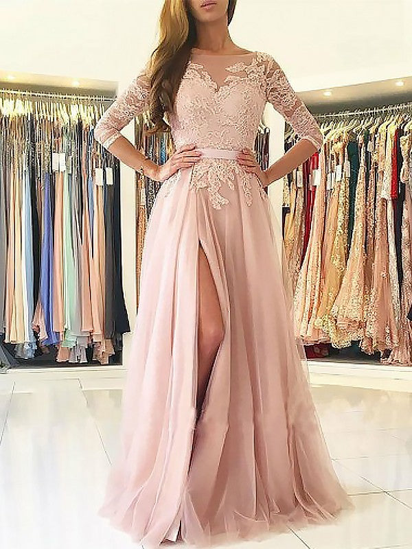 Gorgeous Bateau 3/4 Sleeves  With Appliques Tulle Prom Dress