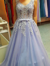 Gorgeous V-neck Sleeveless Long With Appliques Tulle Prom Dress