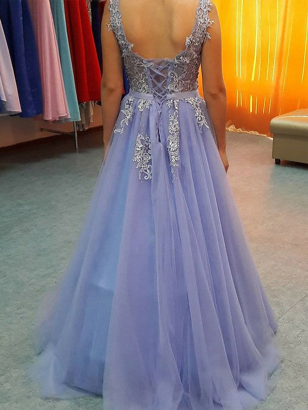 Gorgeous V-neck Sleeveless Long With Appliques Tulle Prom Dress