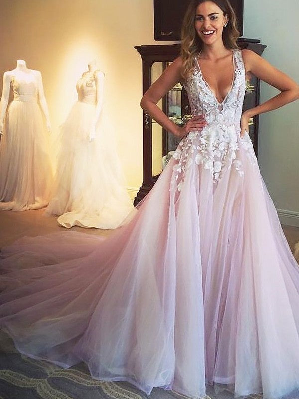 Gorgeous V-neck  Tulle Sleeveless With Appliques Prom Dress