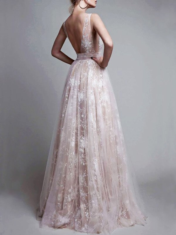 Gorgeous V-neck Long Tulle Sleeveless With Appliques Prom Dress