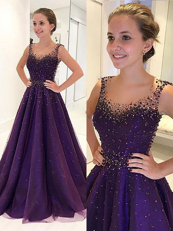 Gorgeous Scoop Long Tulle Beading Sleeveless Prom Dress