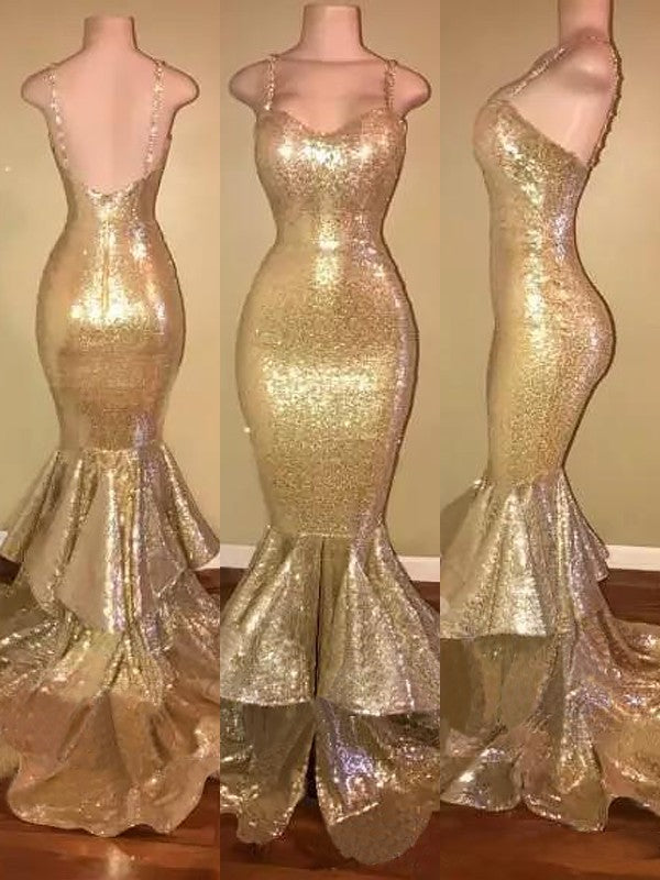 Chic Mermaid Spaghetti-Straps  Sleeveless Sequins Ruffles Prom Dress