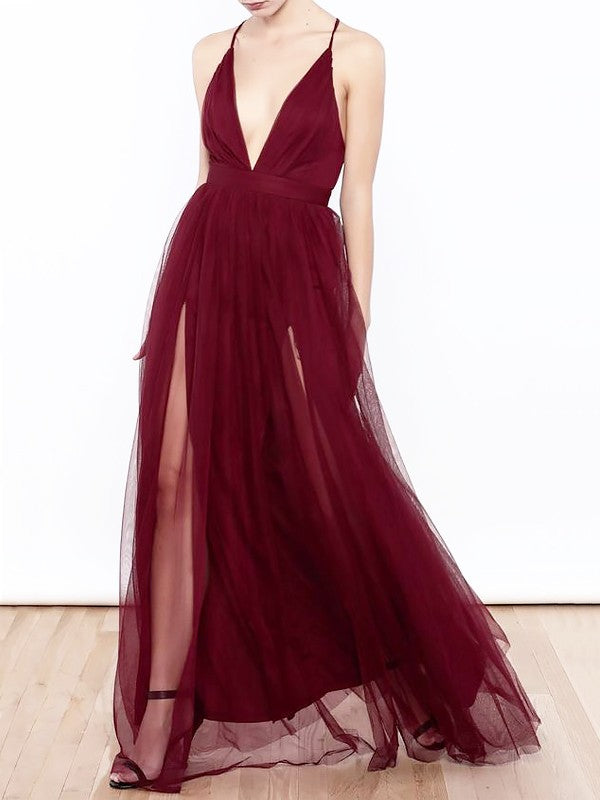 Gorgeous V-neck Long Ruffles Tulle Prom Dress