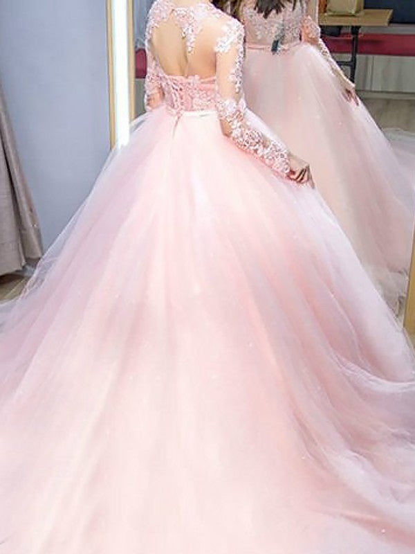 Ball Gown Jewel Long Sleeves  Lace Tulle Prom Dress