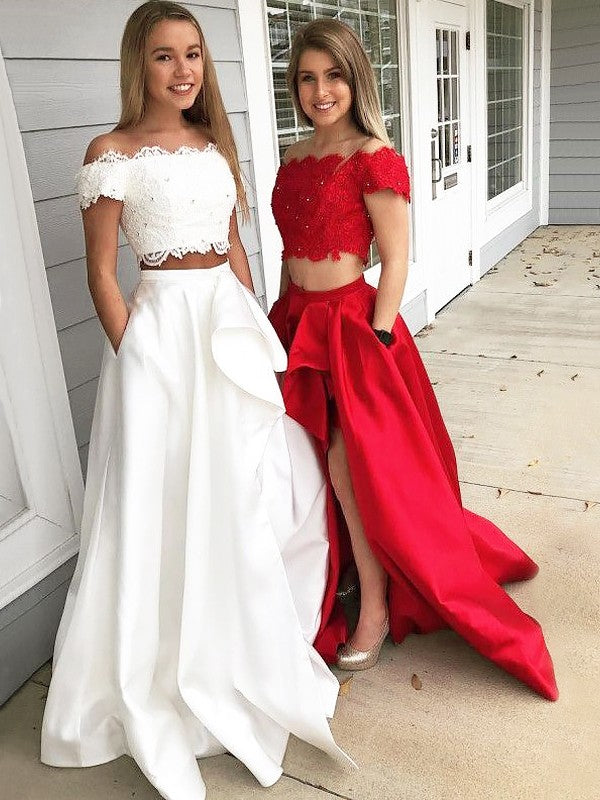 Gorgeous Off-the-Shoulder Sleeveless  Lace Satin Two Piece Prom Dress